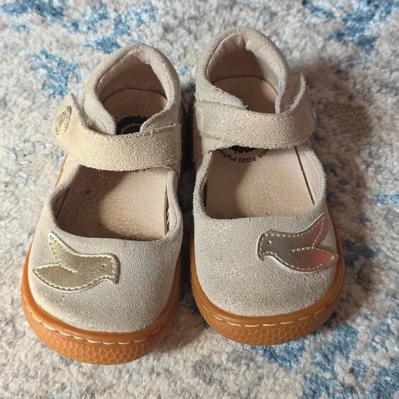 Livie & Luca Metallic Beige Mary Janes with Gold Bird Accent - Picture 2 of 5